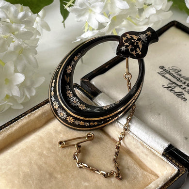 Antique Victorian Pique Brooch. Antique Snake Head and Hoop Stylized Brooch. Victorian Shell Brooch With Inlaid Gold & Silver