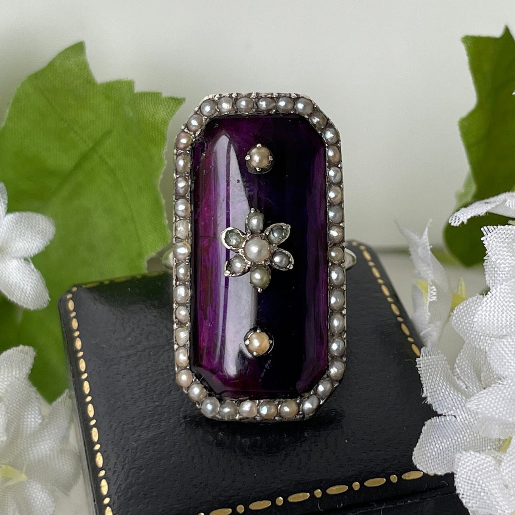 Antique Georgian Marquise Ring. Purple Amethyst Glass & Pearl Mourning Ring. Forget-Me-Not Ring. Rare Georgian Sentimental Memorial Jewelry