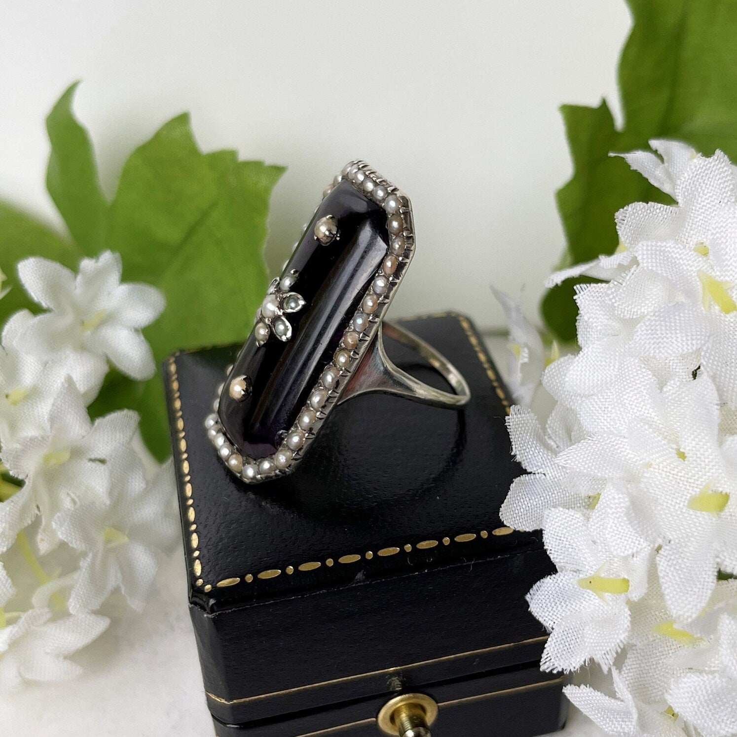 Antique Georgian Marquise Ring. Purple Amethyst Glass & Pearl Mourning Ring. Forget-Me-Not Ring. Rare Georgian Sentimental Memorial Jewelry