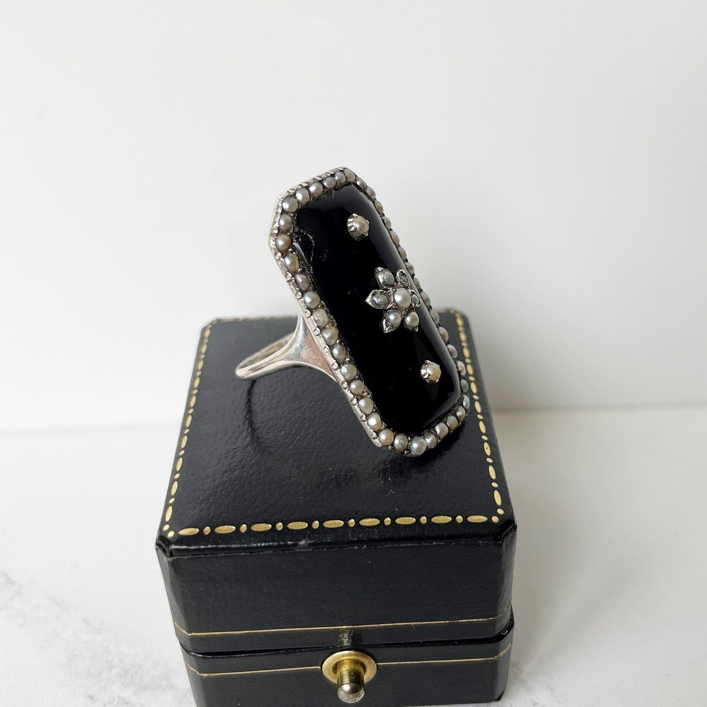 Antique Georgian Marquise Ring. Purple Amethyst Glass & Pearl Mourning Ring. Forget-Me-Not Ring. Rare Georgian Sentimental Memorial Jewelry