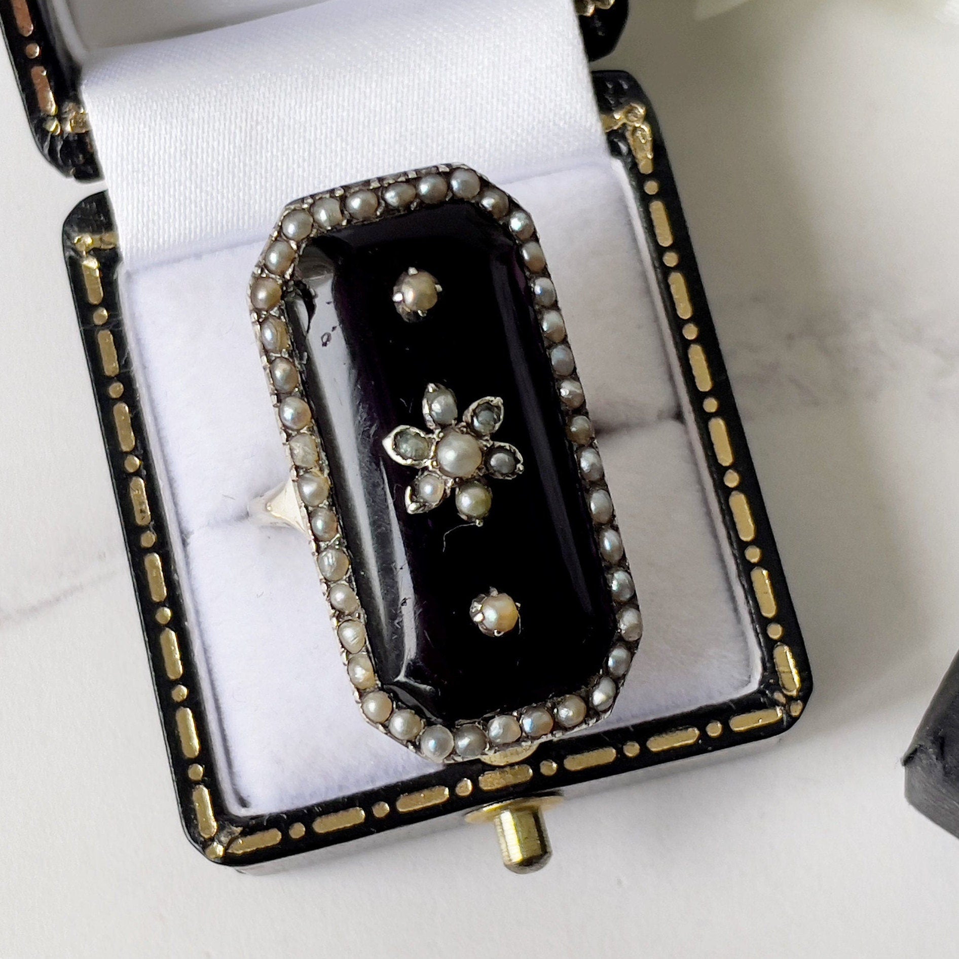 Antique Georgian Marquise Ring. Purple Amethyst Glass & Pearl Mourning Ring. Forget-Me-Not Ring. Rare Georgian Sentimental Memorial Jewelry
