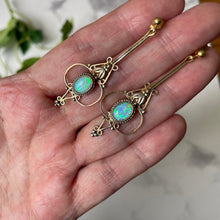 Load image into Gallery viewer, Antique Art Deco Opal Earrings. Edwardian/Art Nouveau Long Drop Pendant Earrings. Gold Gilt Precious Opal Earrings

