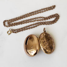 Load image into Gallery viewer, Antique Edwardian Solid 9ct Gold Engraved Locket. Engraved Oval Gold Puffy Locket With Optional Chain. English Gold Locket, 1909 Hallmark
