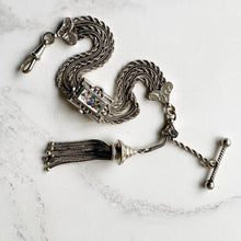 Load image into Gallery viewer, Antique Victorian Silver Albertina Bracelet. Victorian Sterling Pocket Watch Chain, Enamelled Rose Slider, Tassel, Hearts, T-Bar, Dog-Clip
