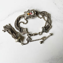 Load image into Gallery viewer, Antique Victorian Silver Albertina Bracelet. Victorian Sterling Pocket Watch Chain, Enamelled Rose Slider, Tassel, Hearts, T-Bar, Dog-Clip
