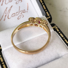 Cargar imagen en el visor de la galería, Vintage 9ct Gold Ruby &amp; White Sapphire Trilogy Ring. Antique Art Deco Style 3-Stone Engagement Ring, Edinburgh Hallmark. Size UK, P/ US 7.5
