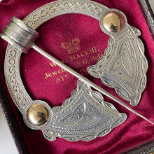 Load image into Gallery viewer, Massive Dublin Silver Rare Penannular Pin, John Morton, 1957. Vintage Irish Silver &amp; 9ct Gold Engraved Shield Tartan/Plaid/Cloak Brooch
