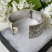 Load image into Gallery viewer, Antique Victorian Engraved Silver Cuff Bracelet. Sterling Silver Wide Hinged Bangle Bracelet. Aesthetic Engraved Ivy Sweetheart Bracelet
