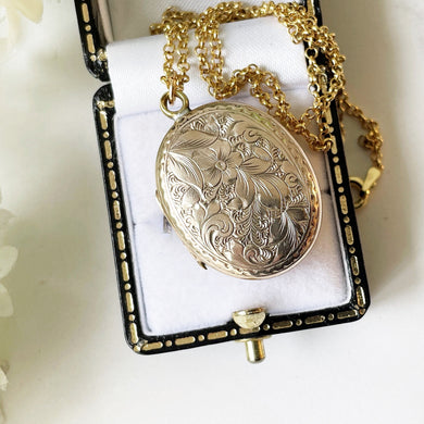 Antique Gold Gilt Locket With Victorian Photographs. Engraved 2-Sided Oval Locket With Chain. Antique Puffy Photo Locket Necklace