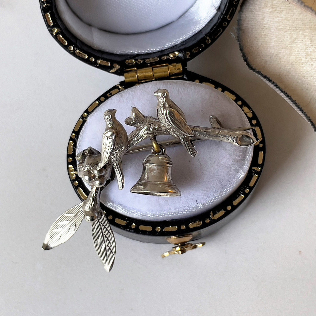 Antique Victorian Silver Sweetheart Brooch. Brides Lapel Pin, Love Birds, Bell, Mistletoe. Alternative Stock, Cravat, Tie Pin For Groom