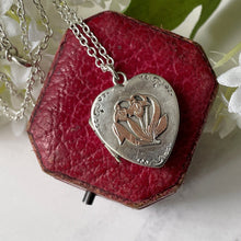 Load image into Gallery viewer, Antique Edwardian Silver &amp; Gold Heart Locket. English Art Nouveau Snowdrop Locket, Engraved Christmas 1913. Sweetheart Locket With Chain
