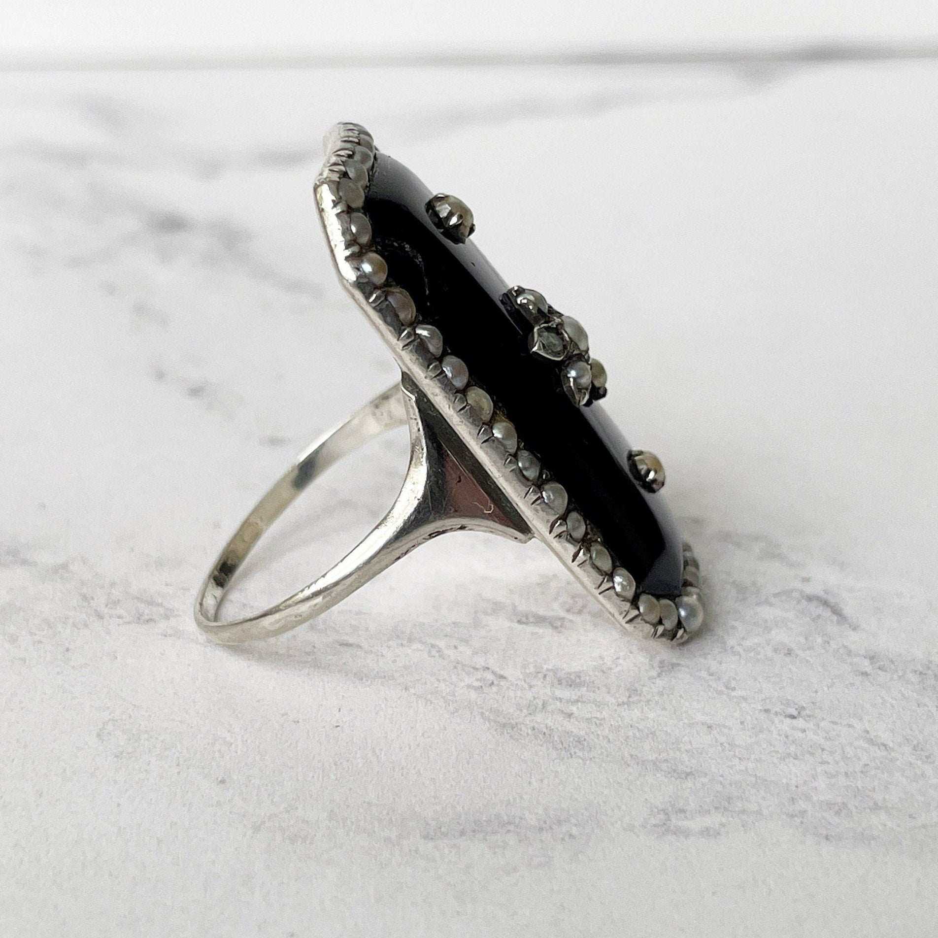 Antique Georgian Marquise Ring. Purple Amethyst Glass & Pearl Mourning Ring. Forget-Me-Not Ring. Rare Georgian Sentimental Memorial Jewelry