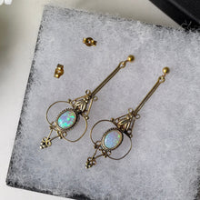 Load image into Gallery viewer, Antique Art Deco Opal Earrings. Edwardian/Art Nouveau Long Drop Pendant Earrings. Gold Gilt Precious Opal Earrings
