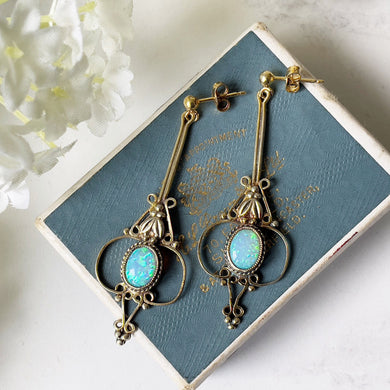 Antique Art Deco Opal Earrings. Edwardian/Art Nouveau Long Drop Pendant Earrings. Gold Gilt Precious Opal Earrings