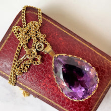 Load image into Gallery viewer, Vintage 9ct Gold, Huge Pear Cut Amethyst Pendant &amp; Curb Chain Necklace. 35 Carat Amethyst Solitaire Pendant. 1970s Cocktail Jewelry
