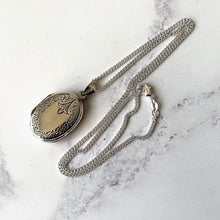 Charger l&#39;image dans la galerie, Vintage Sterling Silver Edwardian Style Locket. Oval Engraved Fleur-de-Lis Photo Locket &amp; Curb Chain. Medium Size 2-Photo Locket Necklace
