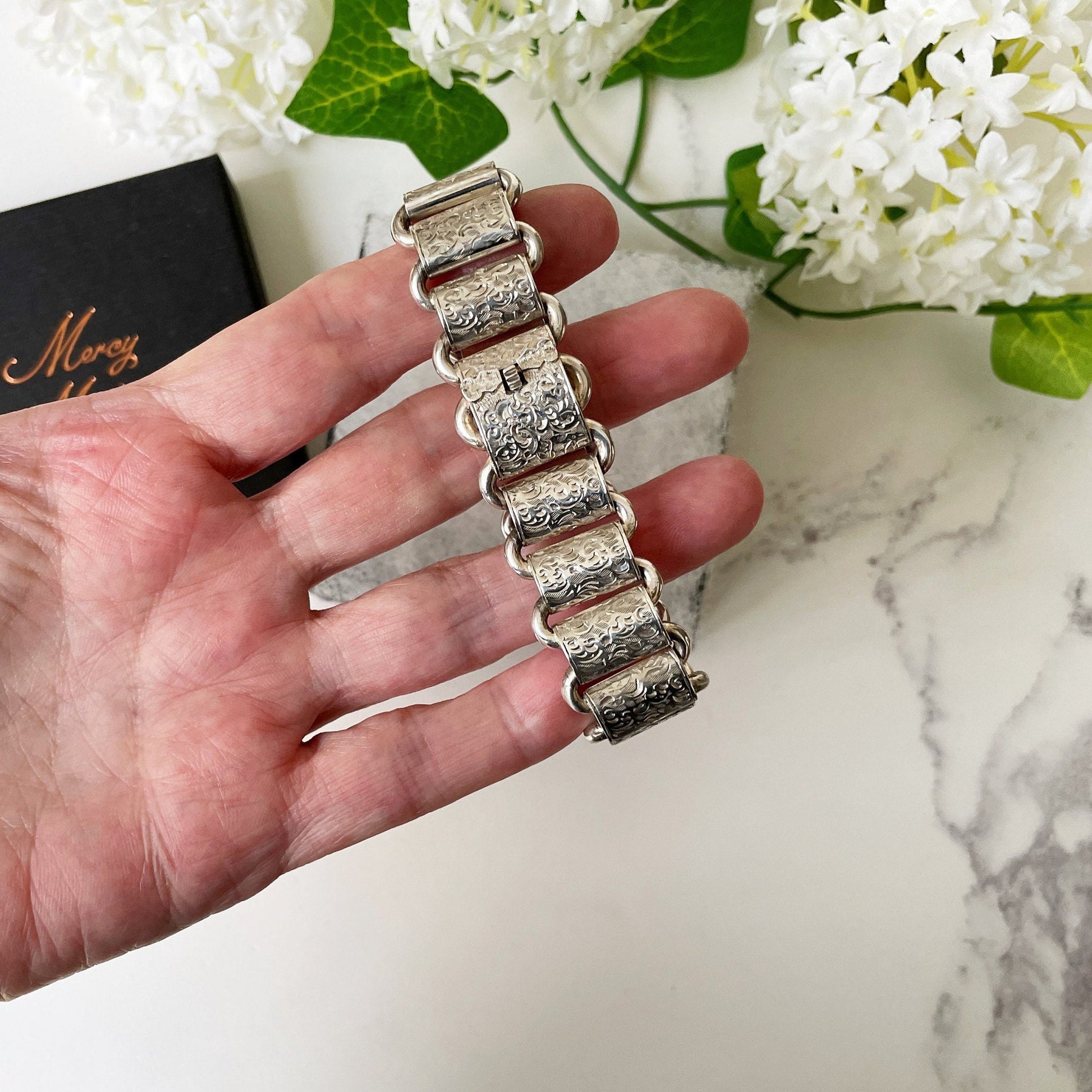 Antique Victorian Sterling Silver Book Chain Bracelet. Victorian Aesthetic Engraved Wide  Bookchain Bracelet. Floral Engraved Belt Bracelet