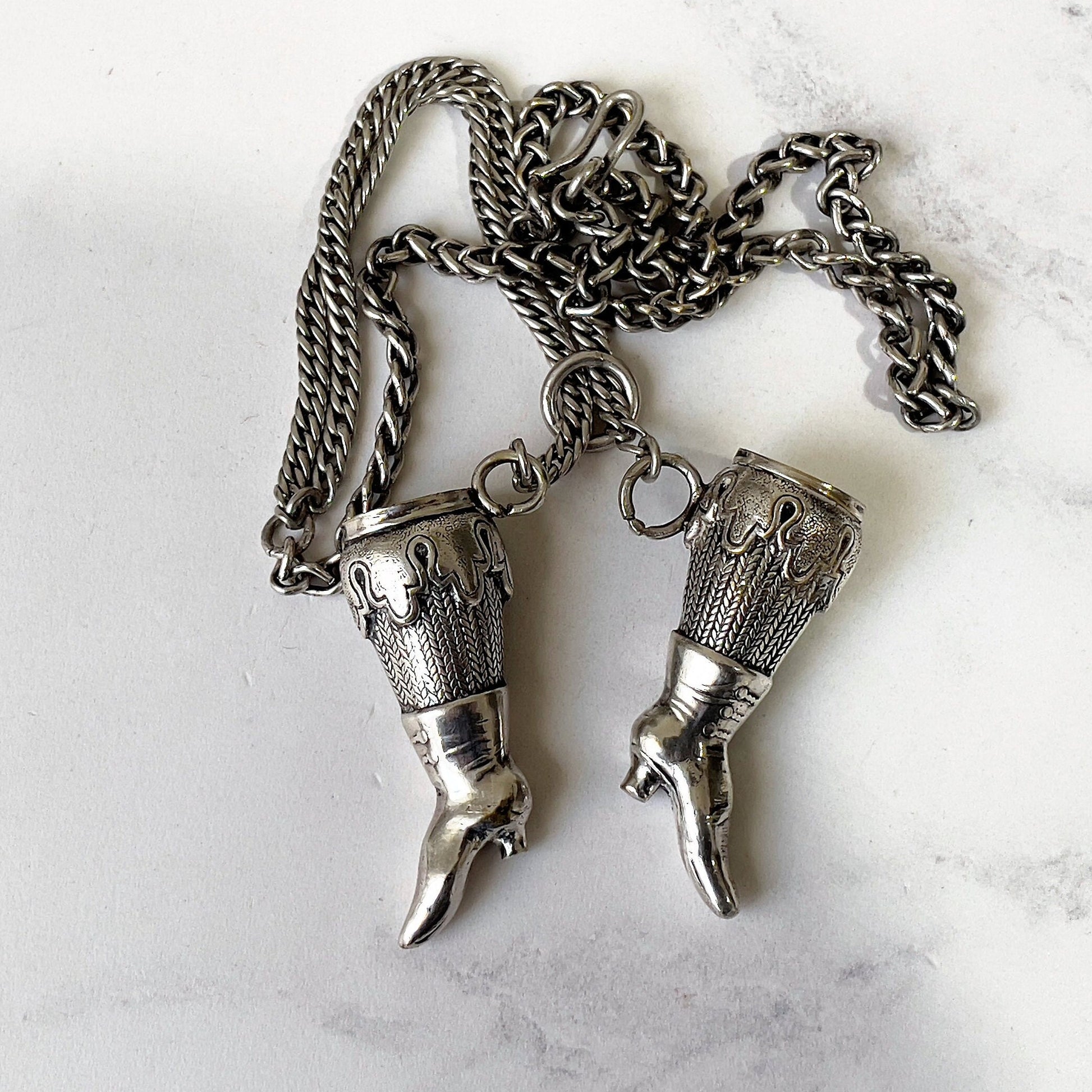 Antique Georgian Silver Y-Chain With Boot Needle Guards. Victorian Sterling Silver Chatelaine Chain Bracelet & Figural Lady's Boot Charms