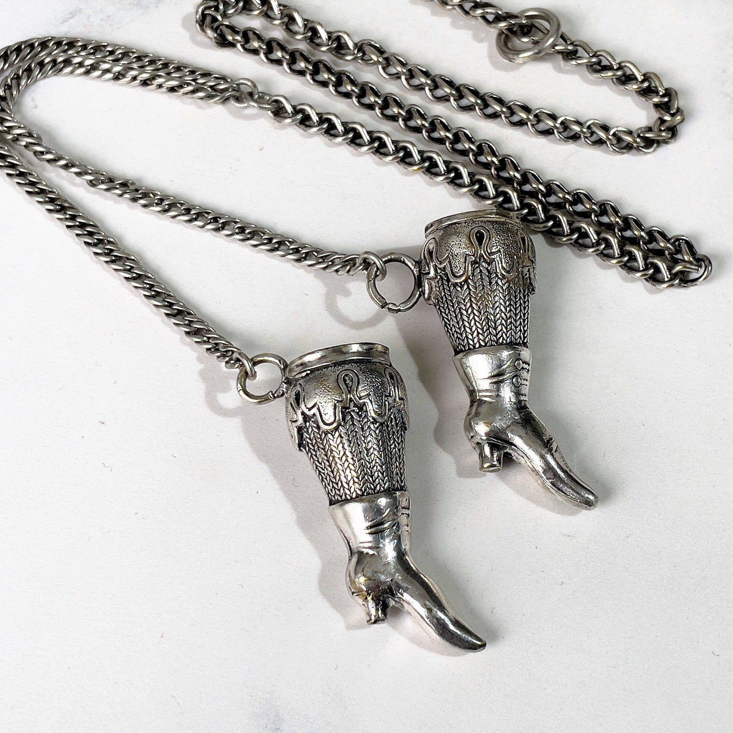 Antique Georgian Silver Y-Chain With Boot Needle Guards. Victorian Sterling Silver Chatelaine Chain Bracelet & Figural Lady's Boot Charms