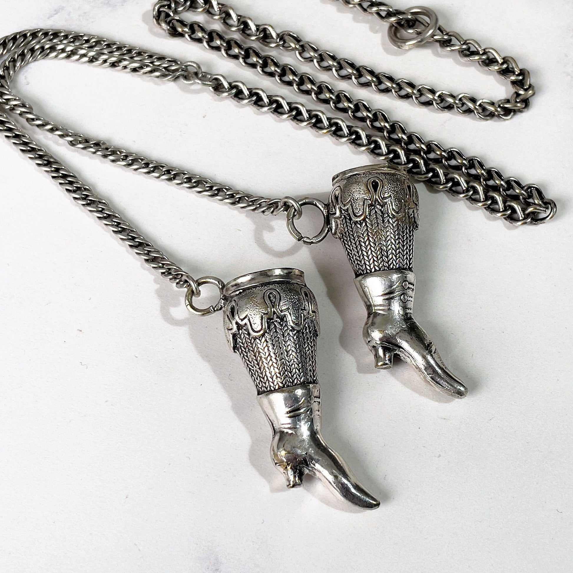 Antique Georgian Silver Y-Chain With Boot Needle Guards. Victorian Sterling Silver Chatelaine Chain Bracelet & Figural Lady's Boot Charms