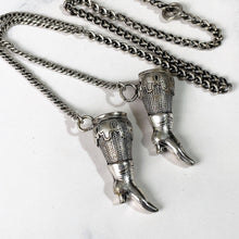 Cargar imagen en el visor de la galería, Antique Georgian Silver Y-Chain With Boot Needle Guards. Victorian Sterling Silver Chatelaine Chain Bracelet &amp; Figural Lady&#39;s Boot Charms
