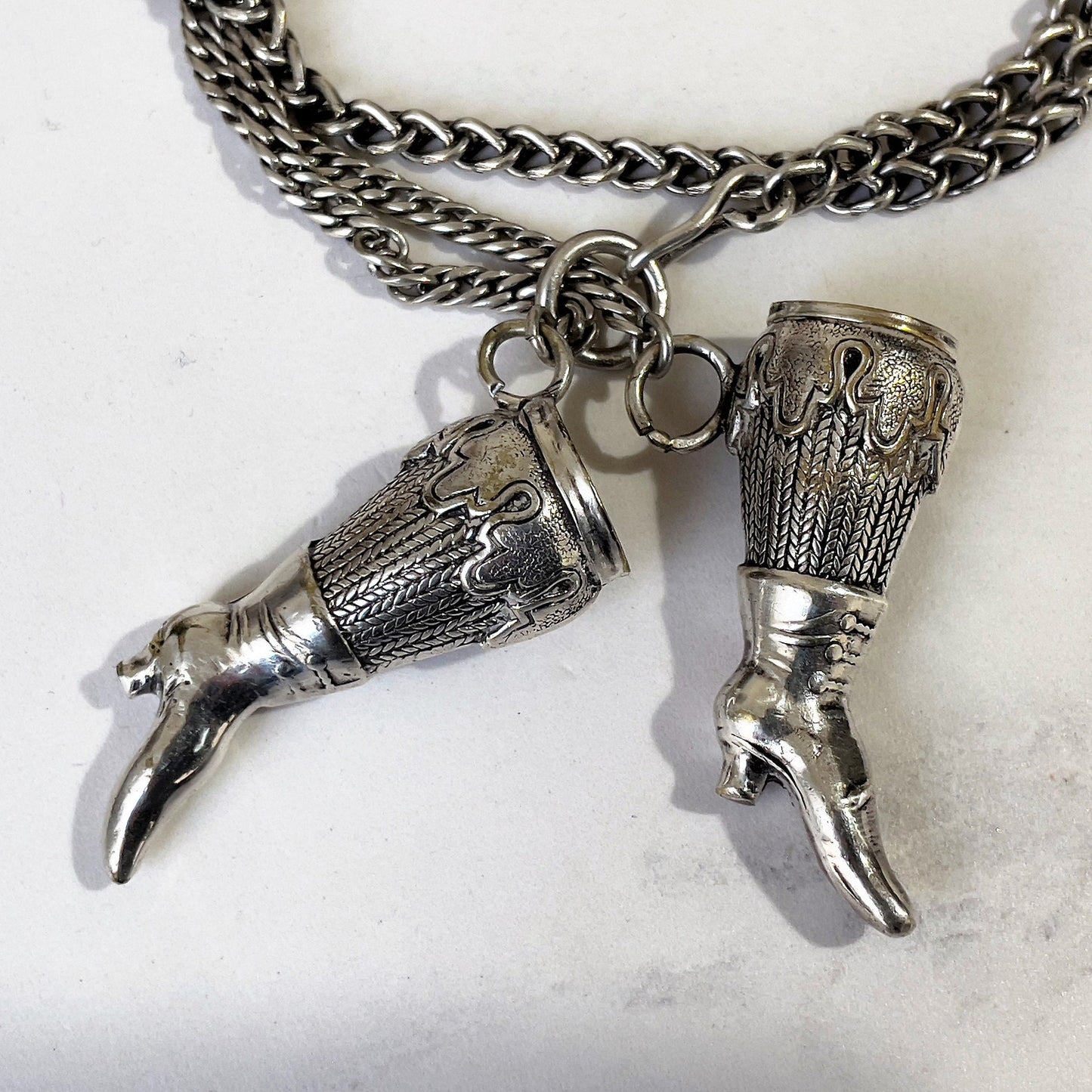 Antique Georgian Silver Y-Chain With Boot Needle Guards. Victorian Sterling Silver Chatelaine Chain Bracelet & Figural Lady's Boot Charms