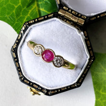 Load image into Gallery viewer, Vintage 9ct Gold Ruby &amp; White Sapphire Trilogy Ring. Antique Art Deco Style 3-Stone Engagement Ring, Edinburgh Hallmark. Size UK, P/ US 7.5
