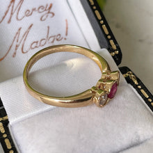 Load image into Gallery viewer, Vintage 9ct Gold Ruby &amp; White Sapphire Trilogy Ring. Antique Art Deco Style 3-Stone Engagement Ring, Edinburgh Hallmark. Size UK, P/ US 7.5
