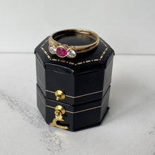 Cargar imagen en el visor de la galería, Vintage 9ct Gold Ruby &amp; White Sapphire Trilogy Ring. Antique Art Deco Style 3-Stone Engagement Ring, Edinburgh Hallmark. Size UK, P/ US 7.5
