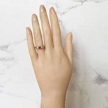 Lade das Bild in den Galerie-Viewer, Vintage 9ct Gold Ruby &amp; White Sapphire Trilogy Ring. Antique Art Deco Style 3-Stone Engagement Ring, Edinburgh Hallmark. Size UK, P/ US 7.5
