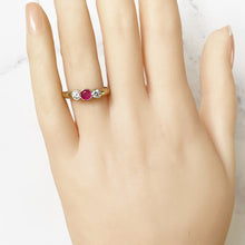 Lade das Bild in den Galerie-Viewer, Vintage 9ct Gold Ruby &amp; White Sapphire Trilogy Ring. Antique Art Deco Style 3-Stone Engagement Ring, Edinburgh Hallmark. Size UK, P/ US 7.5
