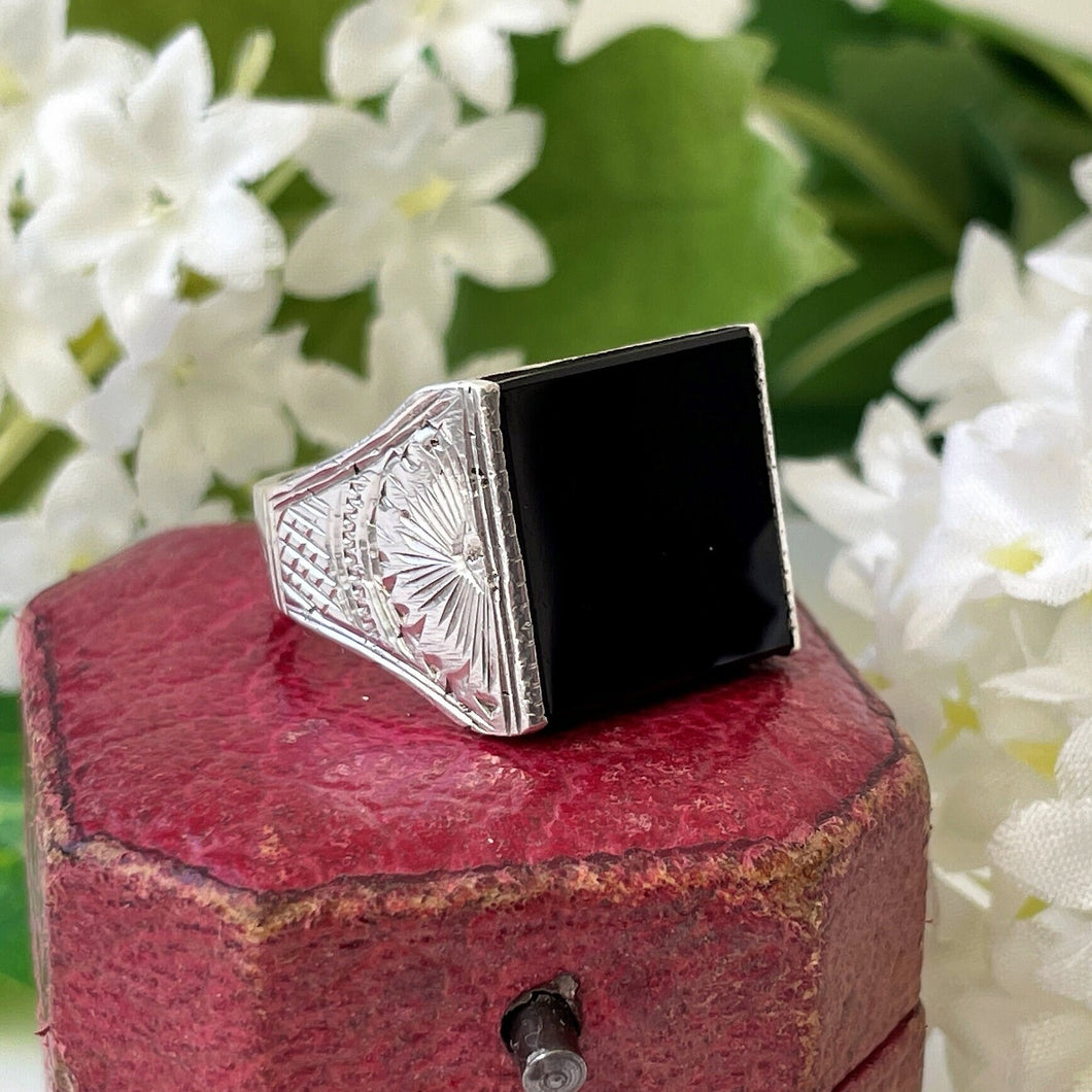 Antique Edwardian Silver & Onyx Signet Ring. Floral Engraved 975 Silver Art Nouveau Ring. Large Chunky Middle/Pinky/Unisex Statement Ring