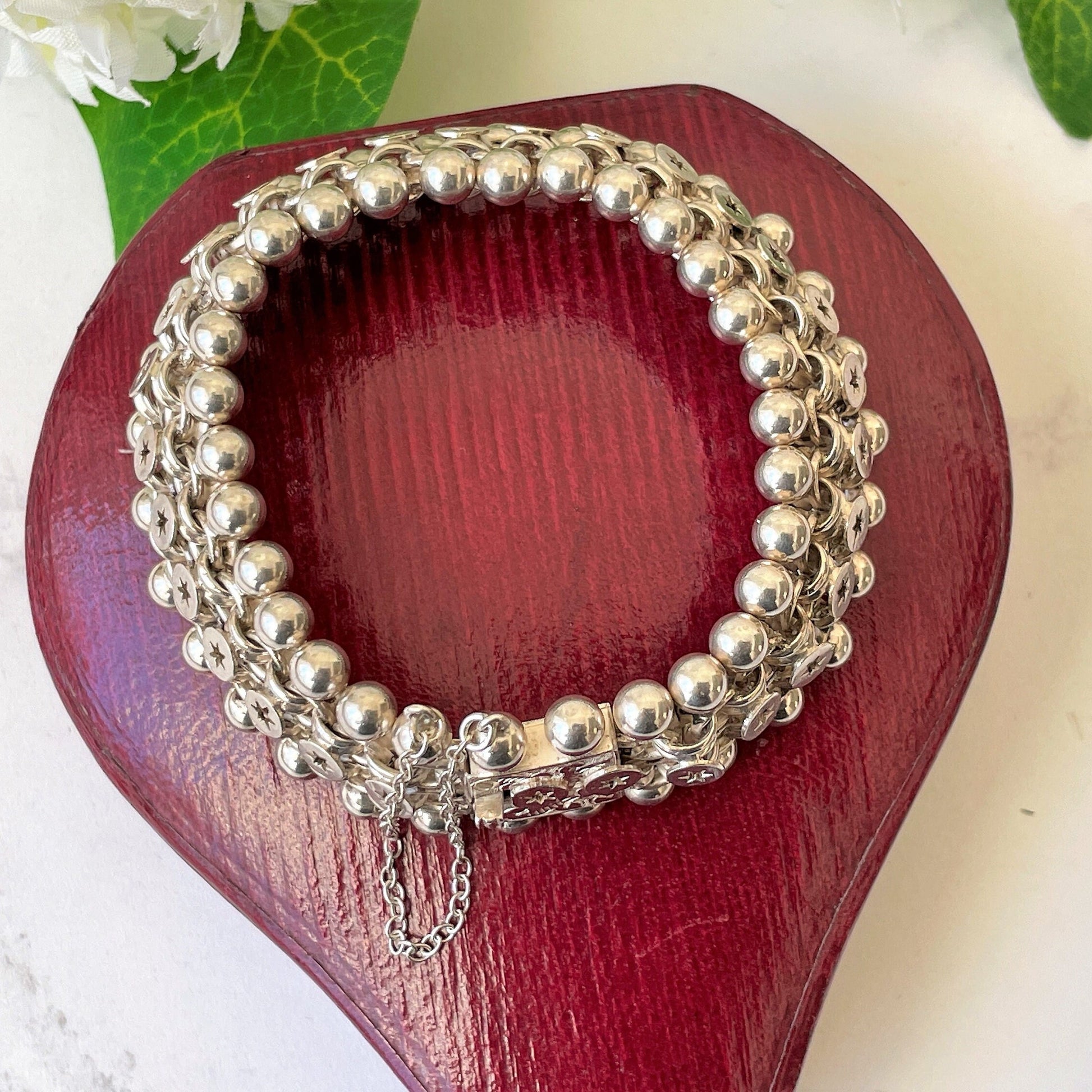 Antique Victorian Sterling Silver Book Chain Bracelet. Victorian Aesthetic Engraved Belcher Link, Star & Silver Bead Bookchain Bracelet.