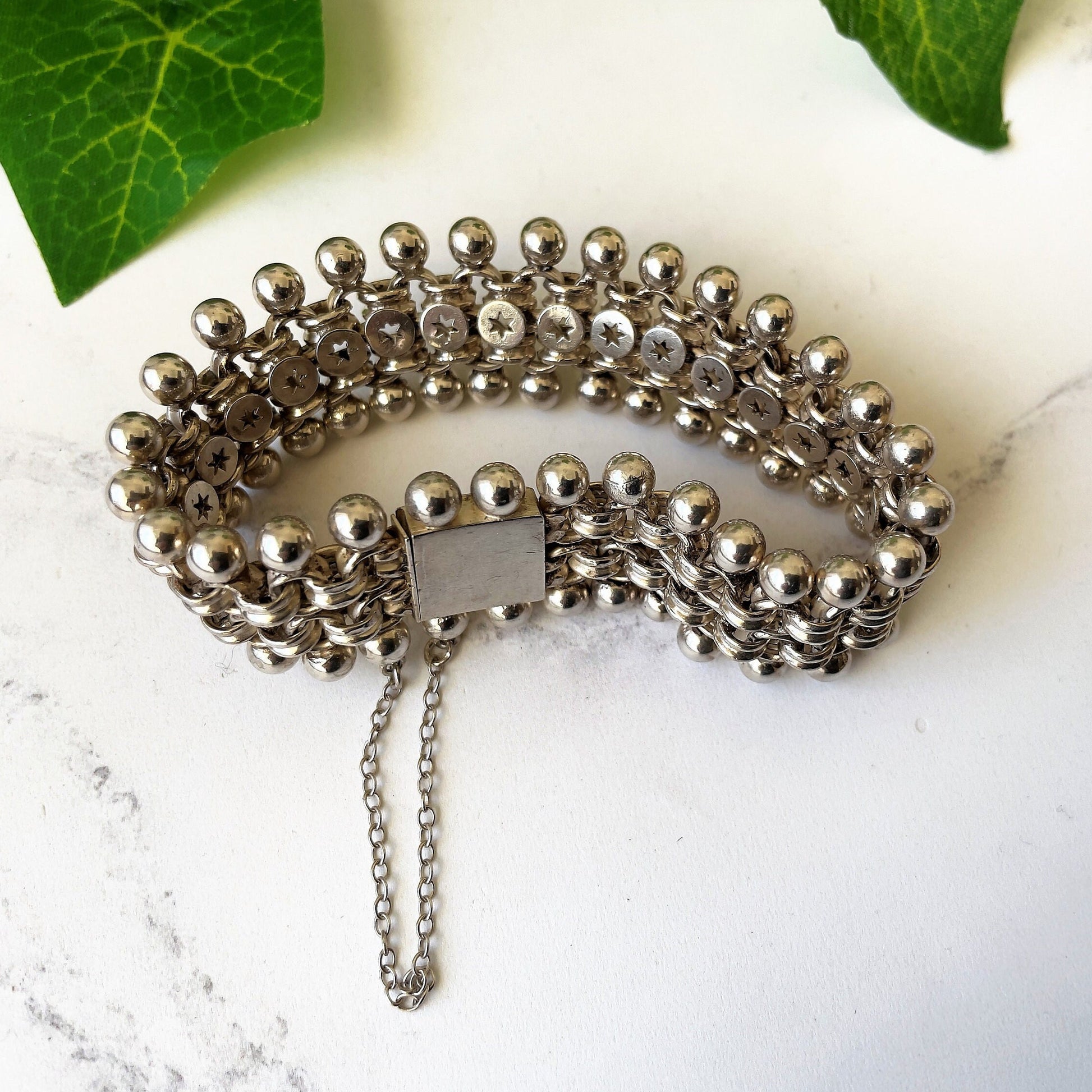 Antique Victorian Sterling Silver Book Chain Bracelet. Victorian Aesthetic Engraved Belcher Link, Star & Silver Bead Bookchain Bracelet.