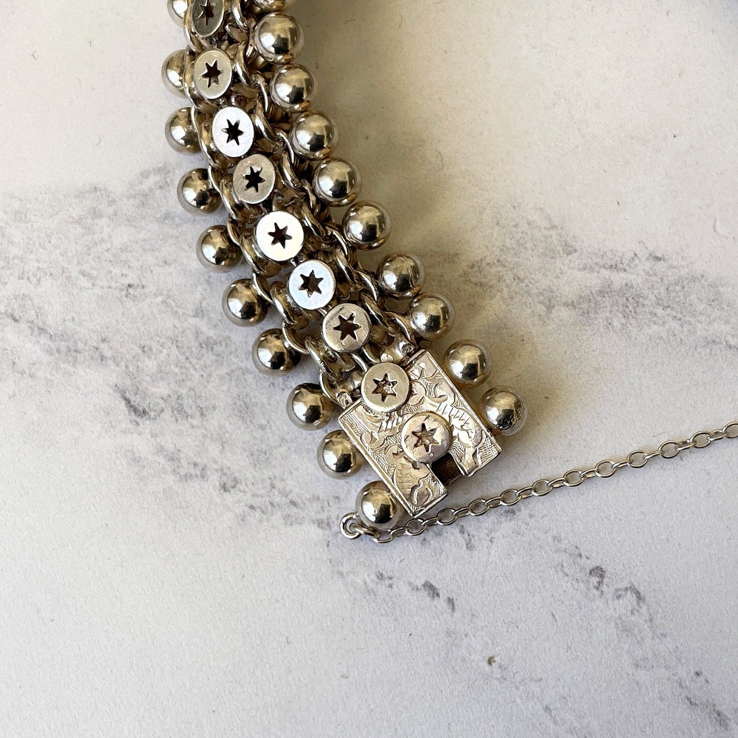 Antique Victorian Sterling Silver Book Chain Bracelet. Victorian Aesthetic Engraved Belcher Link, Star & Silver Bead Bookchain Bracelet.