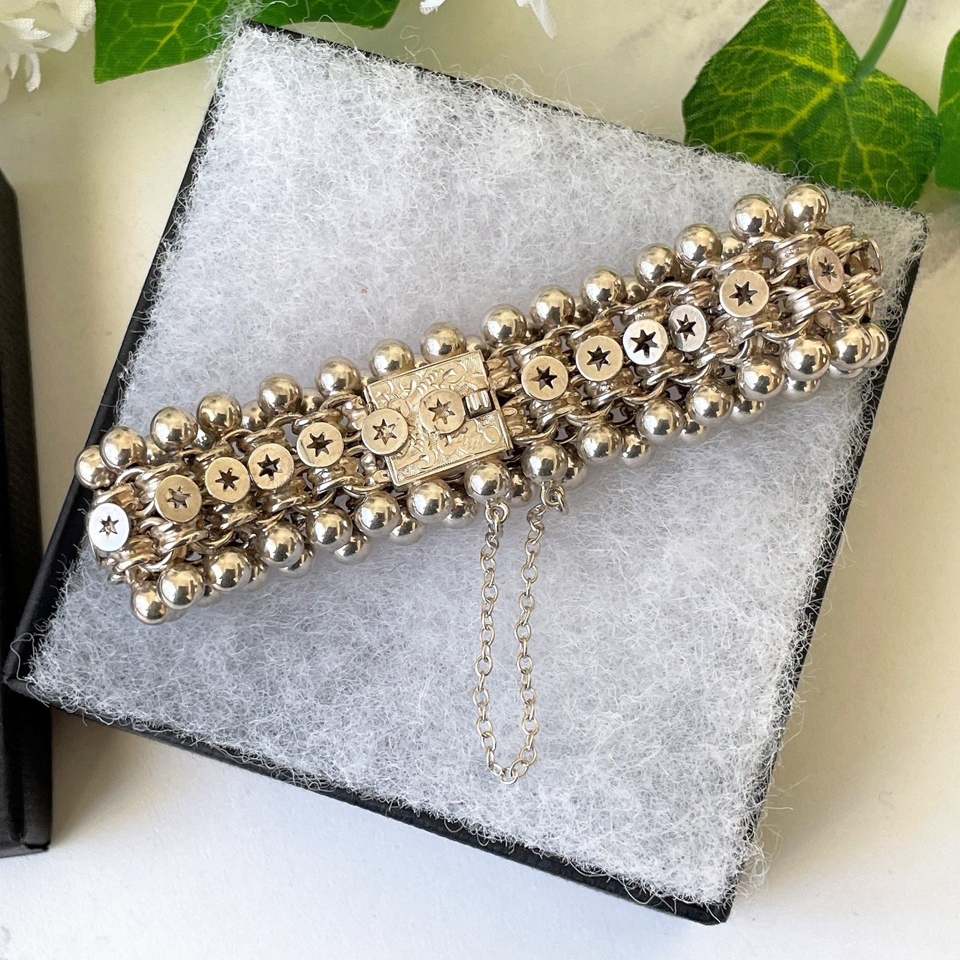Antique Victorian Sterling Silver Book Chain Bracelet. Victorian Aesthetic Engraved Belcher Link, Star & Silver Bead Bookchain Bracelet.