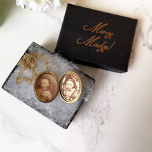 Load image into Gallery viewer, Antique Gold Gilt Locket With Victorian Photographs. Engraved 2-Sided Oval Locket With Chain. Antique Puffy Photo Locket Necklace
