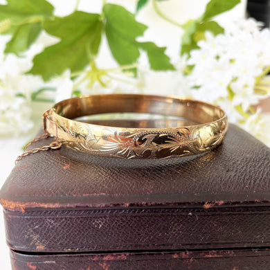 Vintage 12ct Rolled Gold Bracelet, Harrods Of London. Edwardian Style Excalibur Gold Bracelet. Engraved Fern Flourish Hinged Narrow Bangle.