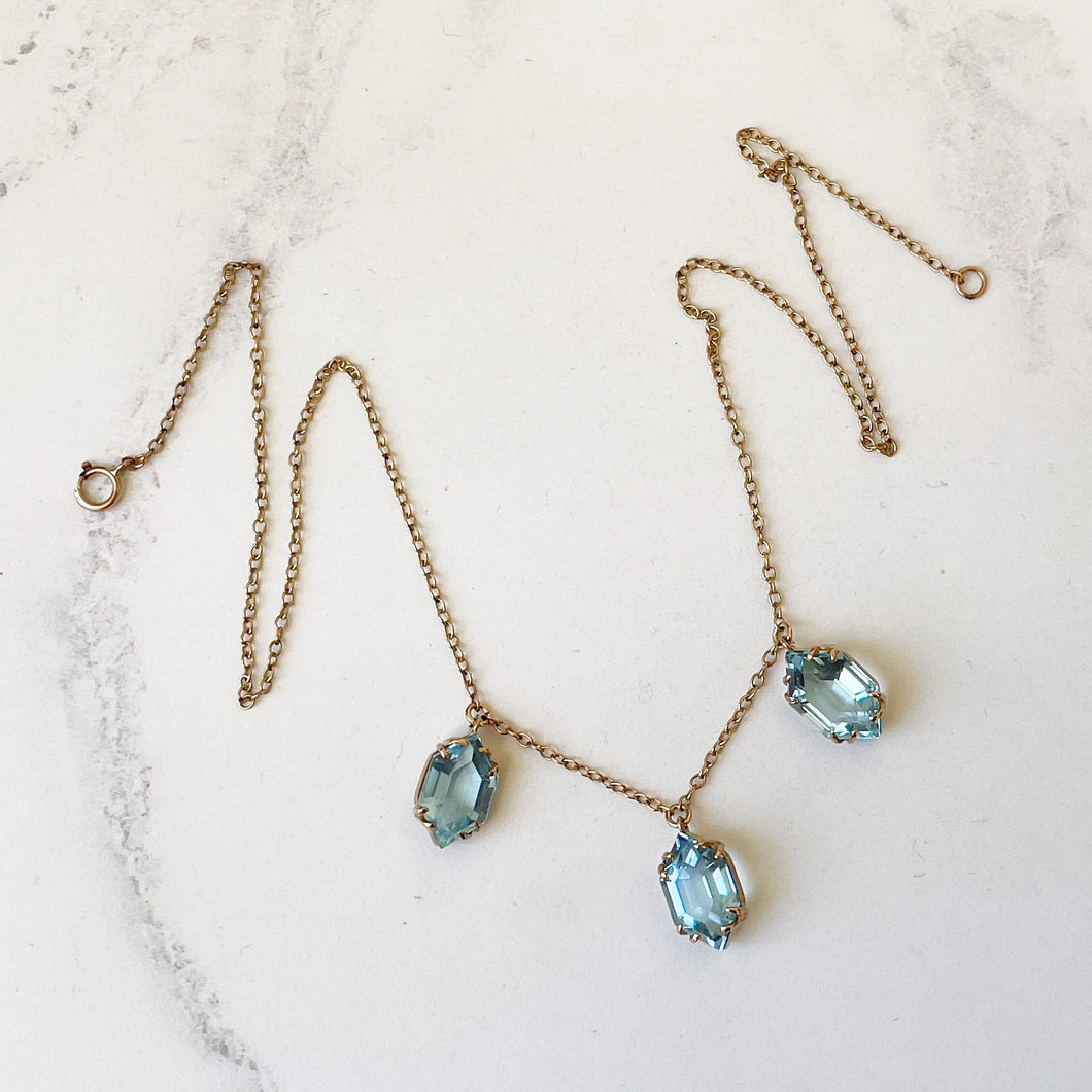 Antique 9ct Gold Aquamarine Fringe Necklace. Edwardian/Art Nouveau Blue Paste Gemstone Drop Necklace. Marquise 3-Stone Trilogy Necklace