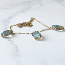 Load image into Gallery viewer, Antique 9ct Gold Aquamarine Fringe Necklace. Edwardian/Art Nouveau Blue Paste Gemstone Drop Necklace. Marquise 3-Stone Trilogy Necklace

