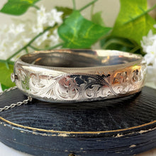 Load image into Gallery viewer, Vintage Victorian Style Silver Bracelet, Engraved Ferns. English Sterling Silver Hinged Bangle. Sweetheart Bracelet, Hallmarked 1962
