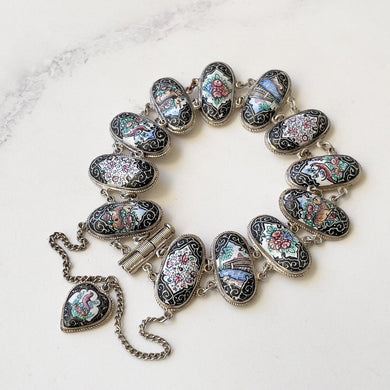 Antique Victorian Silver Enamel Bracelet With Heart Charm. Hand Painted Panel Bracelet, Flowers, Fauna, Birds. Venetian Souvenir Bracelet