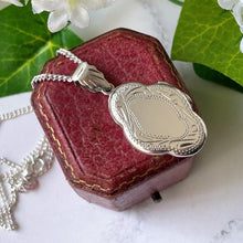 Load image into Gallery viewer, Vintage Silver Edwardian Style Engraved Locket. Sterling Silver Marquise Locket &amp; Chain. Tall 2-Photo Locket On Curb Chain.
