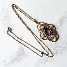 Carica l&#39;immagine nel visualizzatore di Gallery, Vintage English 9ct Gold Amethyst And Cultured Pearl Pendant Necklace. Edwardian/Art Nouveau Style Pendant &amp; Gold Chain. Fine Jewelry Gift.
