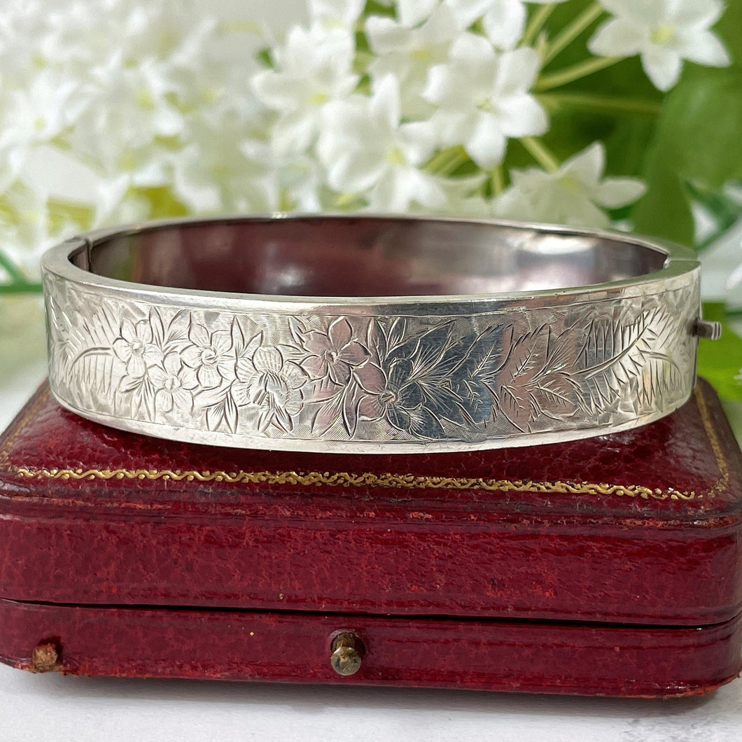 Antique Victorian Silver Cuff Bracelet. Aesthetic Engraved Forget-me-Not & Fern Sweetheart Bracelet. Victorian Sterling Silver Narrow Bangle