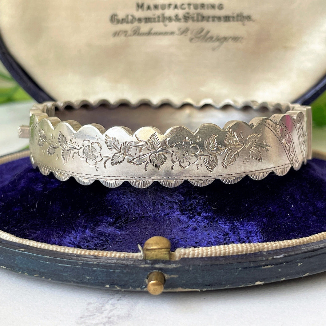 Antique Victorian Engraved Silver Narrow Bracelet. Aesthetic Engraved Rose Sweetheart Bracelet. Victorian Sterling Silver Pie Crust Bangle