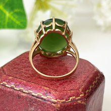 Load image into Gallery viewer, Vintage 18ct Gold Jade Ring. 1960s Art Nouveau/Deco Style Green Jadeite, Yellow Gold Ring. Jade Cabochon Cocktail Ring Size UK - N, US 6-3/4
