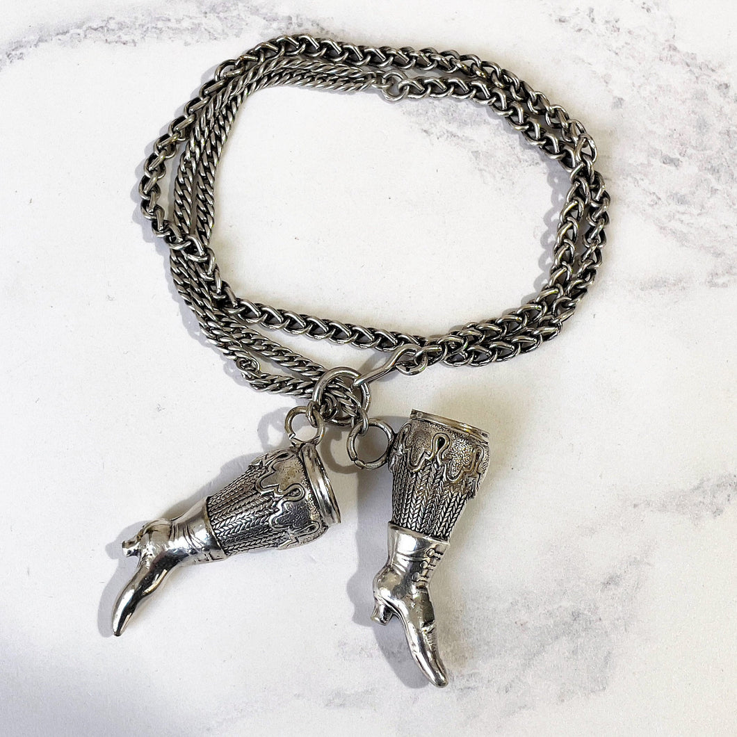 Antique Georgian Silver Y-Chain With Boot Needle Guards. Victorian Sterling Silver Chatelaine Chain Bracelet & Figural Lady's Boot Charms