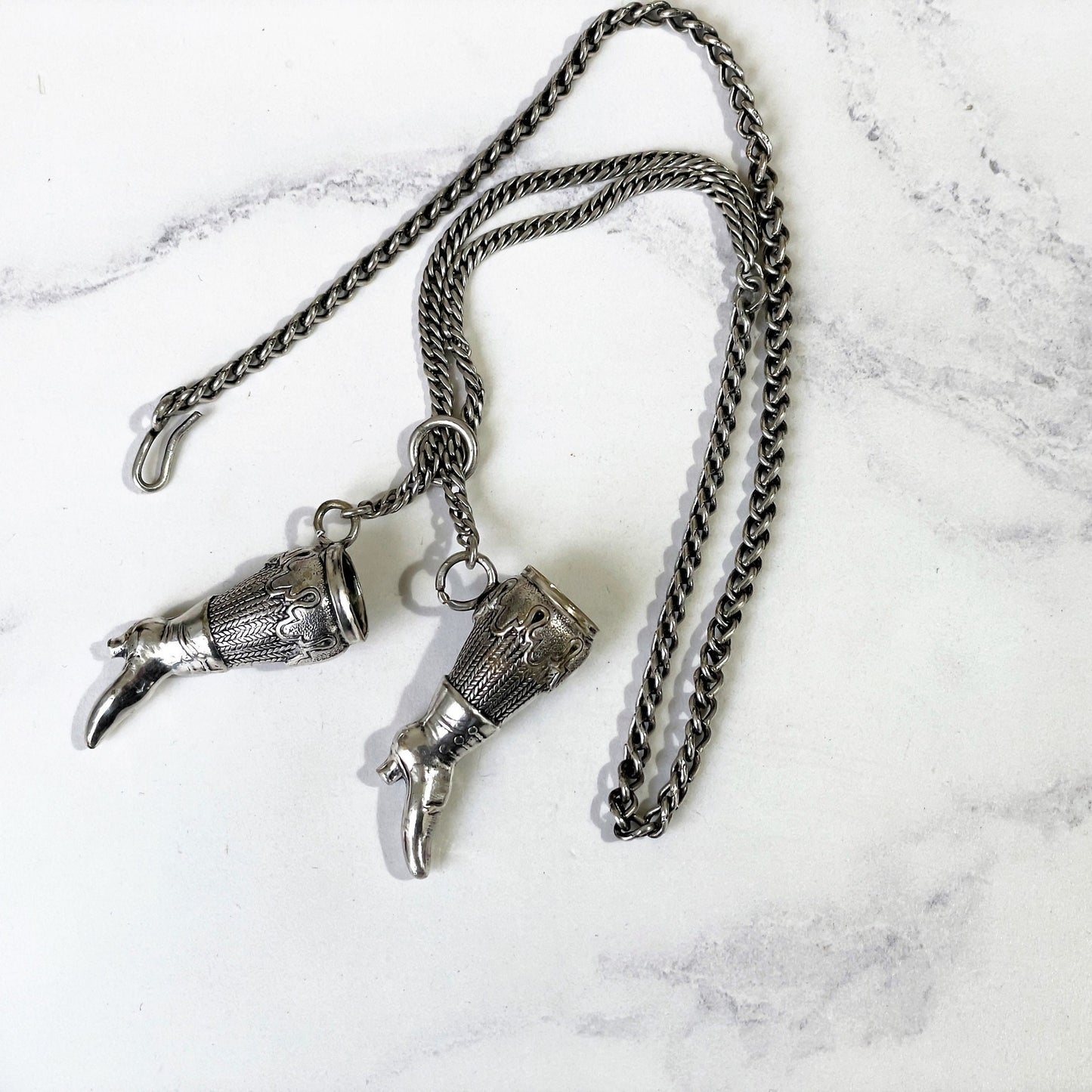 Antique Georgian Silver Y-Chain With Boot Needle Guards. Victorian Sterling Silver Chatelaine Chain Bracelet & Figural Lady's Boot Charms