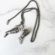 Load image into Gallery viewer, Antique Georgian Silver Y-Chain With Boot Needle Guards. Victorian Sterling Silver Chatelaine Chain Bracelet &amp; Figural Lady&#39;s Boot Charms
